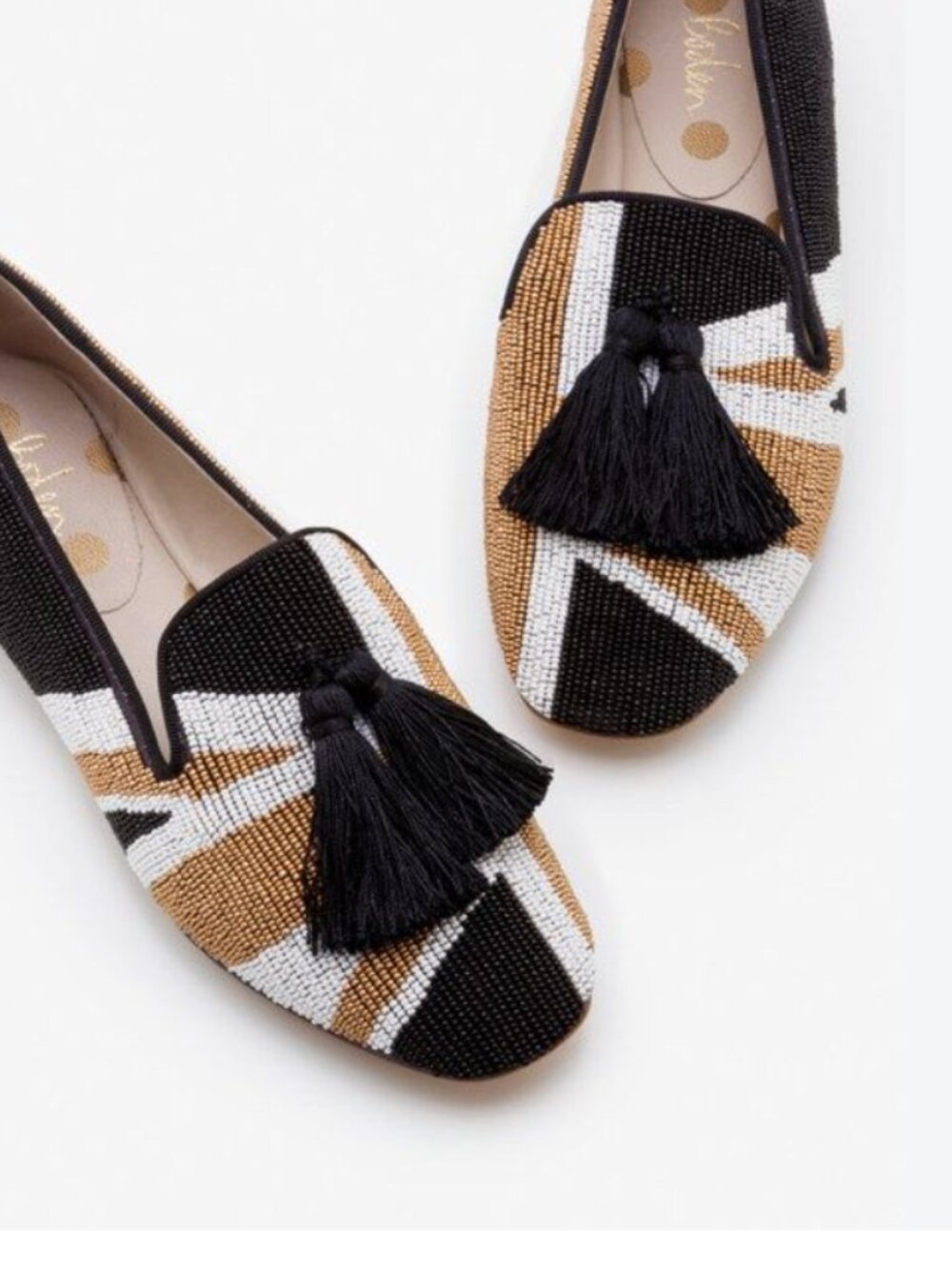 Boden Evelina Beaded Tassel Loafers Black Tan EU 38